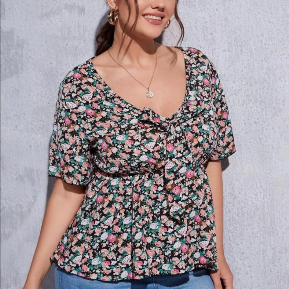 Plunging Neck Peplum Blouse
